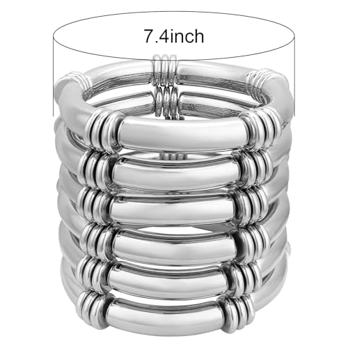 YBMYCM 5PCS Gold Chunky Bangles Bracelets for Women | 14k Gold Plated Stackable Layered Curved Bamboo Tube Stretch Bracelets Bangle Gift Jewelry - color: 6pcs Silver
