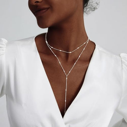 HERIER Lariat Gold Necklace for Women, Dainty Long Necklace 14k Gold Plated/Silver Y-Shaped Layered Beaded Chain Drop Necklaces for Women Trendy Simple Gold Jewelry for Women Gifts - color: Y Layered Bar-Silver
