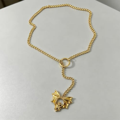 Slip Chain Necklace for Women Gothic Stainless Steel Bar Pendant Cuban Link Necklaces Adjustable Goth O Ring Long Necklaces Punk Rock Collar Choker Trendy Lariat Y Necklace - color: Gold bat