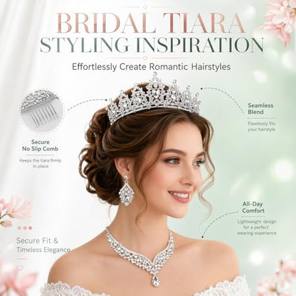 Tiaras and Crowns for Women,Tiaras Earrings Necklace, Crystal Bridal Jewelry Set - color: Silver white