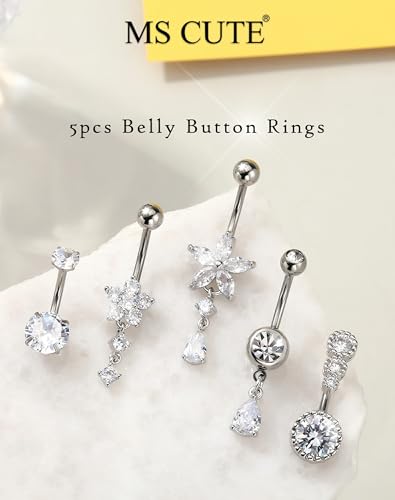 5PCS Belly Button Rings for Women Girls, 14G Surgical Steel Navel Rings Set, Gold & Silver CZ Dangle Body Piercing Jewelry - color: Silver-Flower
