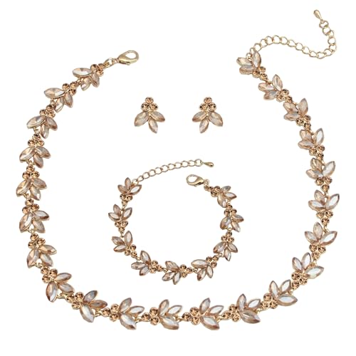 Bridal Wedding Crystal Leaf Choker Necklace Dangle Earring Bracelet Brides Bridesmaid Jewelry Set for Women - color: Champagne-Gold Plated