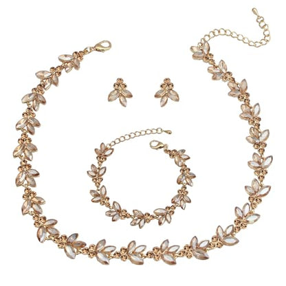 Bridal Wedding Crystal Leaf Choker Necklace Dangle Earring Bracelet Brides Bridesmaid Jewelry Set for Women - color: Champagne-Gold Plated