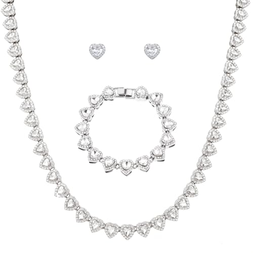 fasone Rhinestone Hearts Necklace, Iced Out Hearts Jewelry，Silver Tennis Necklace For Women，Tennis Necklaces For Women, Heart Tennis Necklace - color: White Set_15.7inch/7inch