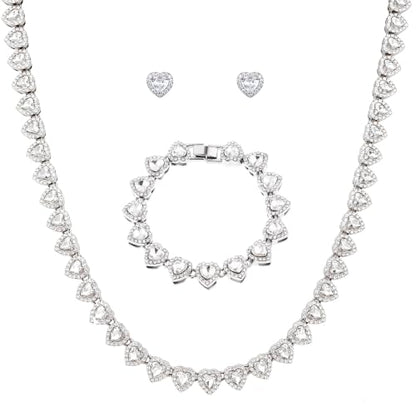 fasone Rhinestone Hearts Necklace, Iced Out Hearts Jewelry，Silver Tennis Necklace For Women，Tennis Necklaces For Women, Heart Tennis Necklace - color: White Set_15.7inch/8inch