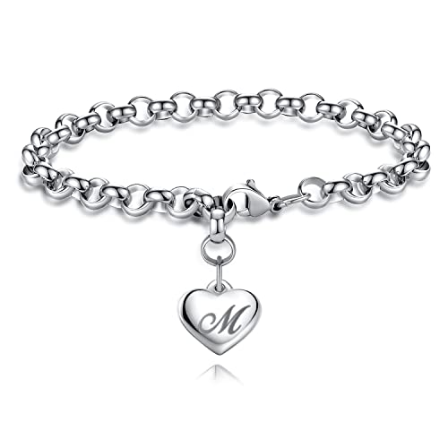 TONY & SANDY Initial Charm Bracelets for Girls Women Stainless Steel A-Z Bracelet Personalized Gifts Birthday Graduation Easter Basket Stocking Stuffers for Teens Girls Women Jewelry - style: M - Heart