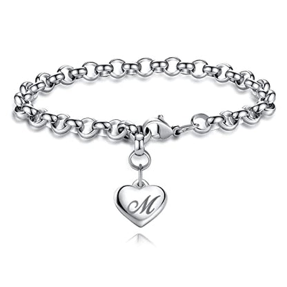 TONY & SANDY Initial Charm Bracelets for Girls Women Stainless Steel A-Z Bracelet Personalized Gifts Birthday Graduation Easter Basket Stocking Stuffers for Teens Girls Women Jewelry - style: M - Heart