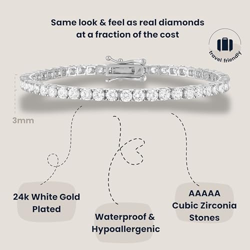 KISPER Tennis Bracelets for Women Gold Plated Round Cut CZ | 5A cubic zirconia simulated diamonds, 3mm & 4mm, 6.5-7.5 inches, box clasp, tarnish resistant, waterproof - color: White Gold
