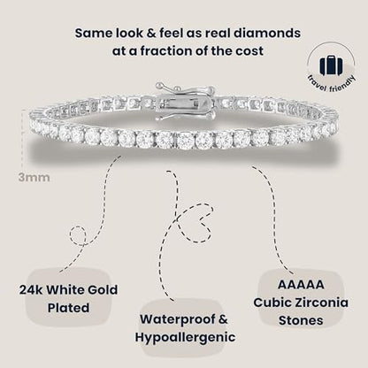 KISPER Tennis Bracelets for Women Gold Plated Round Cut CZ | 5A cubic zirconia simulated diamonds, 3mm & 4mm, 6.5-7.5 inches, box clasp, tarnish resistant, waterproof - color: White Gold