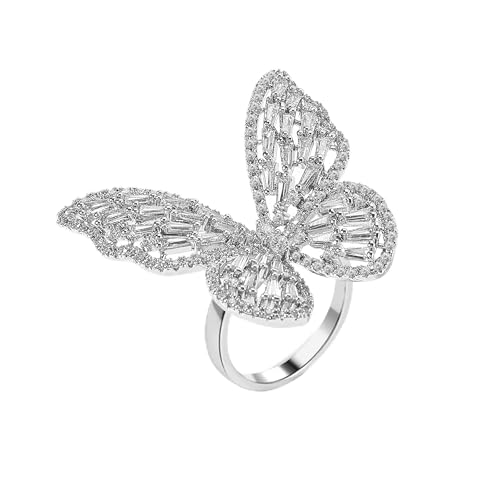 Butterfly Rings for Women Adjustable Golden Cocktail Ring Sparkly Stones Statement Silver Bow Open Wrap Bow Jewelry Bridesmaids Wedding Valentine’s Day Gift Lover Mother - color: JZ03-Silver