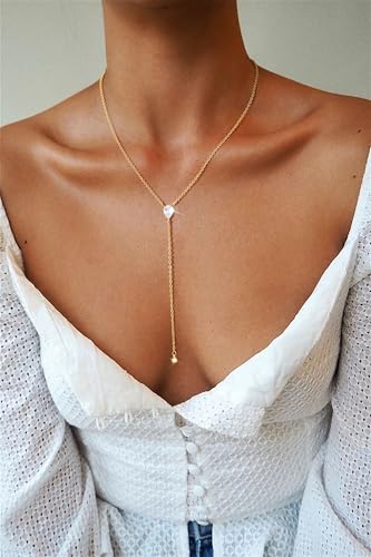 Lariat Gold Necklaces for Women Trendy Dainty Long Necklace 14k Gold Plated/Silver Layered Drop Beaded Chain Necklaces Y-shaped Pendant Necklace Simple Gold Jewelry Gifts - color: Pear CZ-Gold