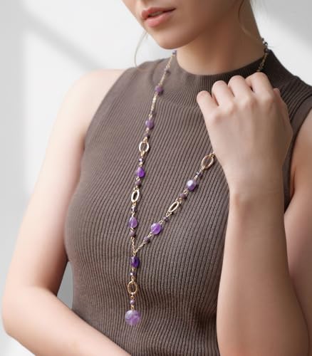 FULU AUTUMN Long Gold Beaded Necklaces for Women Natural Stone Bead Statement Pendant Necklace Y Sweater Chain Fashion Jewelry Gifts - color: Amethyst
