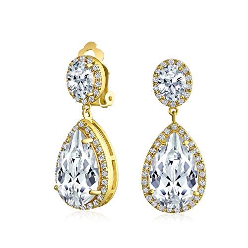 Bling Jewelry Large Teardrop Cubic Zirconia Pave CZ Halo Statement Dangle Clip On Earrings For Women Gold Silver Plated Brass - color: Gold