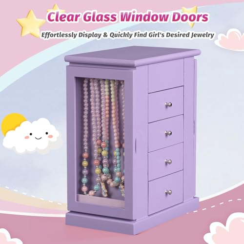 Emfogo Jewelry Box for Girls, Musical Jewelry Box with Spinning Dancer Gifts for Little Girls Christmas New Year Birthday Children's Day, 5 Layer Large Wooden Kids Music Jewelry Organizer Box(Purple) - color: Purple