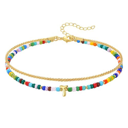 KissYan Initial Ankle Bracelets for Women | Layered Colorful Beaded Anklet with 14K Gold Chain, Waterproof Dainty Jewelry Gift for Summer Beach - style: T