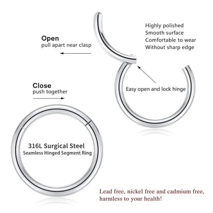 18G Nose Hoop Rings Surgical Steel Hinged Segment Clicker Rings 16G Septum Lip Rings 10 PCS Conch Daith Rook Cartilage Tragus Helix Sleeper Lobe Hoop Earrings Piercing Jewelry for Women 6mm to 16mm - color: Silver:10 pcs
