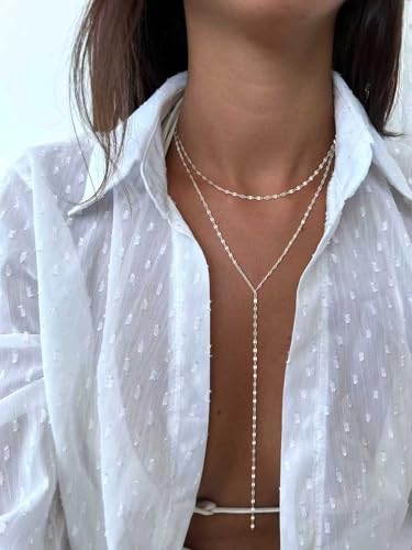 Lariat Necklace for Women, Dainty Long Necklaces, 14k Gold/Silver Plated Y-Shaped Drop Chain Necklace, Simple Layered Necklaces, Trendy Jewelry Gifts - style: Double Lip Chain-Silver