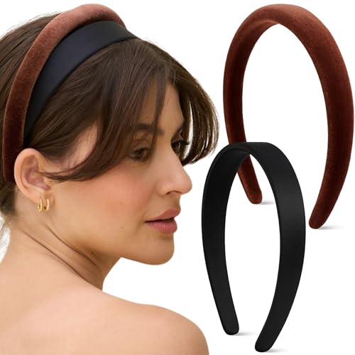 Kitsch Velvet & Satin Headbands for Women - Black & Chocolate, 2pc Set | Non Slip, Soft and Lightweight – Stylish Headbands for Girls with Chic Neutral Shades – Ideal Gifts for Women - color: Black & Chocolate