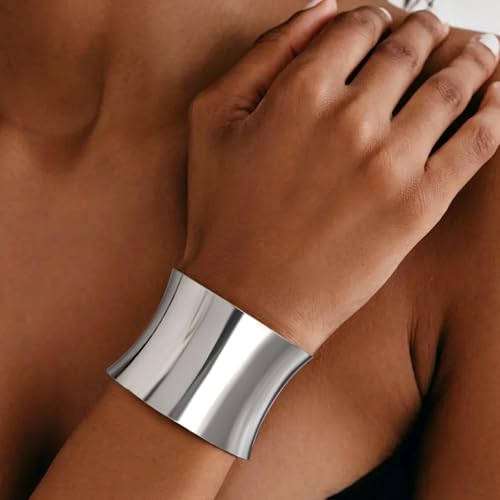 4Pcs Chunky Gold Cuff Bracelects for Women Gold Bangles Irregular Minimalist Statement Bangle Bracelets Set Open Wide Bangle Upper Arm Cuff Jewelry - color: Silver-A