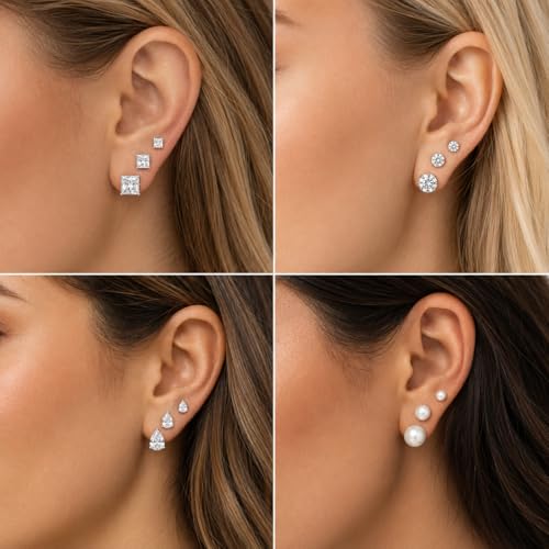 KISS WIFE CZ Stud Earrings Set for Women, Cubic Zirconia Stud Earrings in Multiple Sizes, Triangle Oval Heart Round Pearl Square Earrings, Hypoallergenic Silver Stud Earrings for Cartilage Piercing Jewelry - style: Triangle + Oval + Heart + Round + Pearl