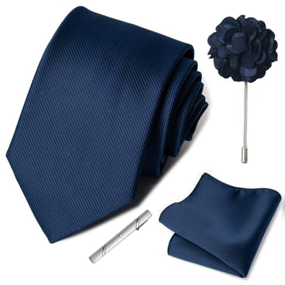joy alice 30 Colors Solid Ties for Man Pure Color Men's Tie Set with Lapel Pin Pocket Square Tie Clip - color: Navy Blue