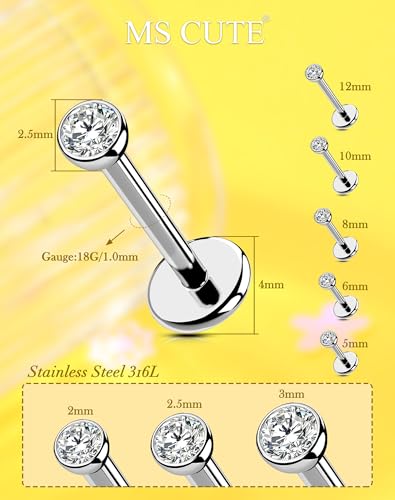 2Pcs Silver 20G/18G/16G Threadless Nose Stud Flat Back Earrings 316L Surgical Steel CZ Daity Nose Helix Cartilage Tragus Conch Labret Medusa Monroe Piercing Jewelry-Multiple Sizes & Gauges - size: 2PCS, 18g 5mm, 2mm CZ
