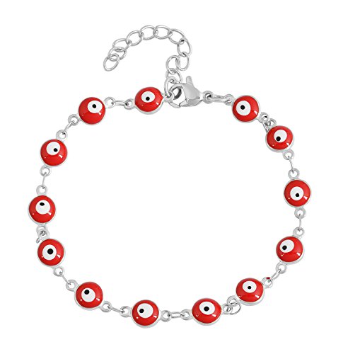 Women's Charm Enamel Evil Eye Protection Link Chain Bracelet - color: Silver,Red