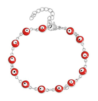 Women's Charm Enamel Evil Eye Protection Link Chain Bracelet - color: Silver,Red