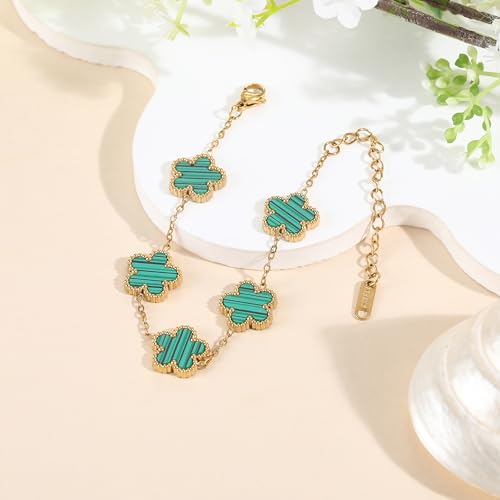 TICVSS Four Leaf Clover Bracelet for Women 18K Gold Plated Stainless Steel Lucky 4 Leaf Gold Link Bracelet Jewelry Gift for Women - color: Green
