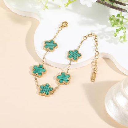TICVSS Four Leaf Clover Bracelet for Women 18K Gold Plated Stainless Steel Lucky 4 Leaf Gold Link Bracelet Jewelry Gift for Women - color: Green
