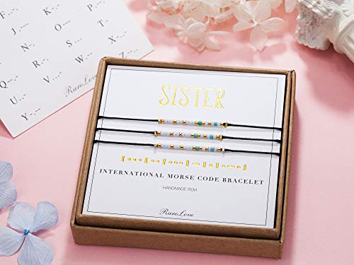 RareLove 3 Pieces Sisters Morse Code Bracelet Friendship Birthday Best Friends Gift For 3 Women Blue White Tiny Pony Seed Beads Black String Bracelets - size: 6.69 inches + 1.77 inches extender (Pack of 2)