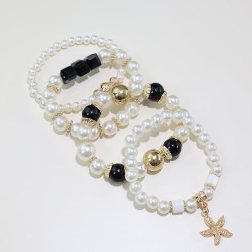 Bohemian Pearl Bracelet Set, 4 Piece Elastic Stretch Beaded Wrist Chain with Starfish Pendant, Boho Faux Pearl Multi-Color Stackable Bracelets for Women - color: Black
