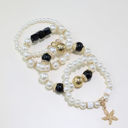 Bohemian Pearl Bracelet Set, 4 Piece Elastic Stretch Beaded Wrist Chain with Starfish Pendant, Boho Faux Pearl Multi-Color Stackable Bracelets for Women - color: Black