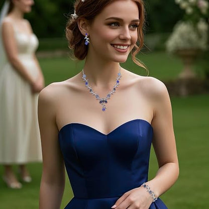 Women's Wedding Jewelry Set for Bride,Prom Bridal Accessories | Bling Crystal,Flower Leaf Cluster,Dangle Earrings Pendant Necklace Set,for Bridesmaid,Party Jewellery - color: 3Pcs-Blue Silver-Tone