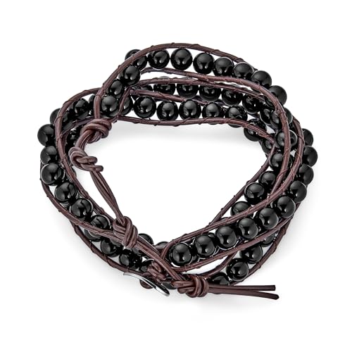 Multi Strand Tiger Eye Black Onyx Bead Bracelet Silver Tone Stainless Steel - color: Black