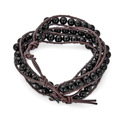 Multi Strand Tiger Eye Black Onyx Bead Bracelet Silver Tone Stainless Steel - color: Black