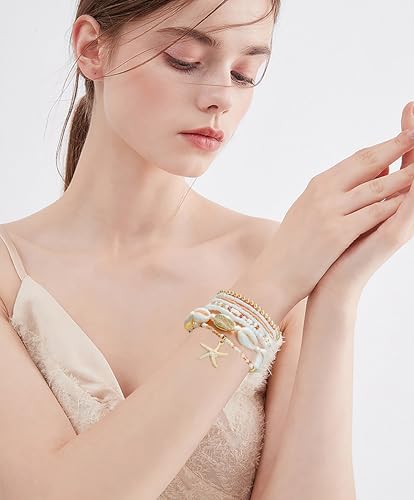 LALAPPLE Shell Bracelet Boho Beaded Stretch Bracelets for Women Seashell Strand Bracelets Starfish Charm Jewelry Summer Beach Jewelry Stackable Crystal Gold Plated Beads Bracelet for Women - style: Style2