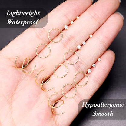 22G 18Pcs G23 Titanium Nose Rings Hoops for Sensitive Skin Double Nose Rings L Shaped Nose Studs Hypoallergenic Nose Piercings Jewelry - color: Gold