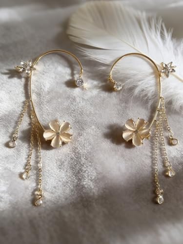 2PCS Flower Tassel Zircon Earrings Ear Cuffs No Piercing Flower Climber Wrap Around Earrings Pearl Drop Earrings for Women Fairy Ear Clip Dainty Wedding Earrings for Brides - color: Style 3- Gold