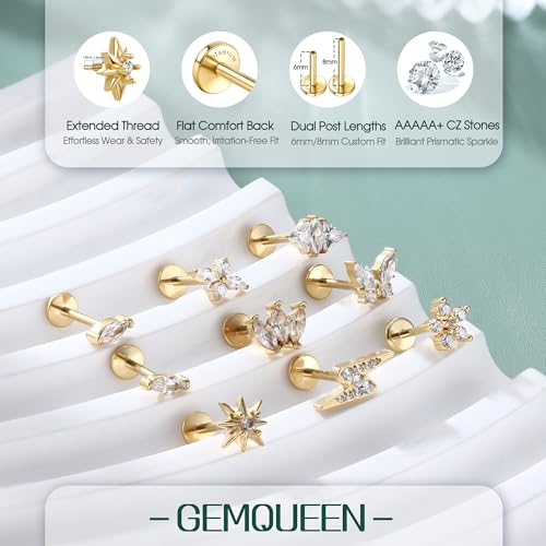 3 Pcs G23 Implant Grade Titanium Flat Back Earrings for Women Men | Hypoallergenic Internally Threaded 5A CZ Gold Flatback Stud, Tragus, Cartilage, Conch Piercing Jewelry for Sensitive Ears 18G - color: Gold 3