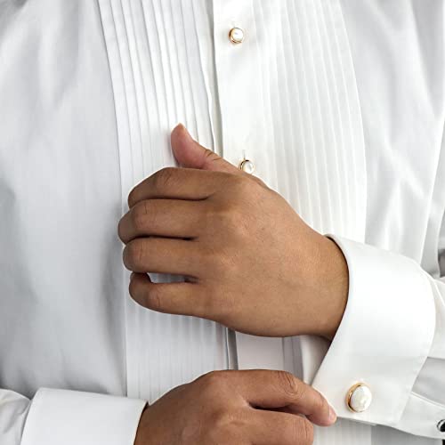 HAWSON Cufflinks and Tuxedo Studs Set for Men with Gift Box, Mother-of-Pearl Cuff links for French Cuff Shirt and Dress Shirt, Suitable for Wedding, Birthday, Party - style: Rose Gold & Beige