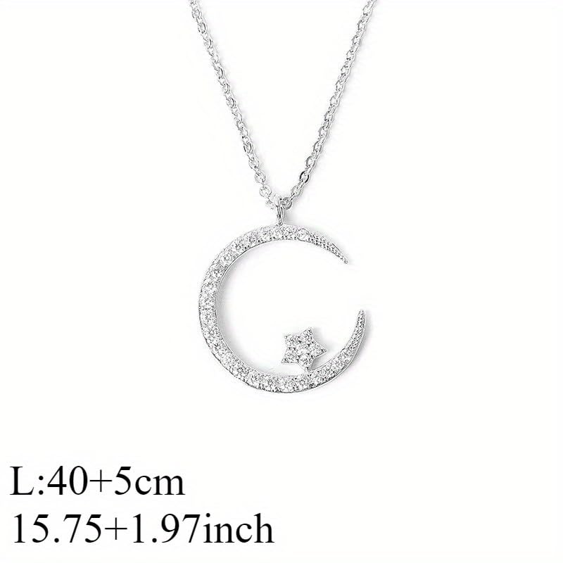 1 Pc, Gold Tone Beaded Chain, CZ Moon & Star Pendant Necklace, Minimalist Dainty Style, Trendy Outfit Matching (Gold)