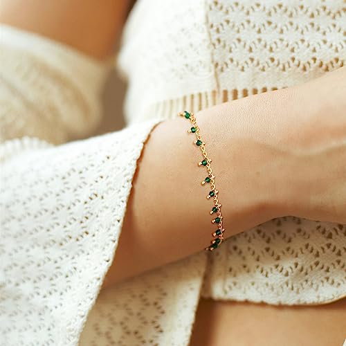 Gold Chain Bracelet for Women, 14K Gold Plated | Dainty Bracelets with Adjustable Chain, Trendy Jewelry Gift for Women - style: green crystal
