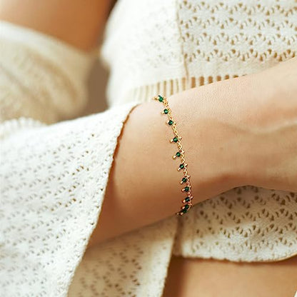 Gold Chain Bracelet for Women, 14K Gold Plated | Dainty Bracelets with Adjustable Chain, Trendy Jewelry Gift for Women - style: green crystal
