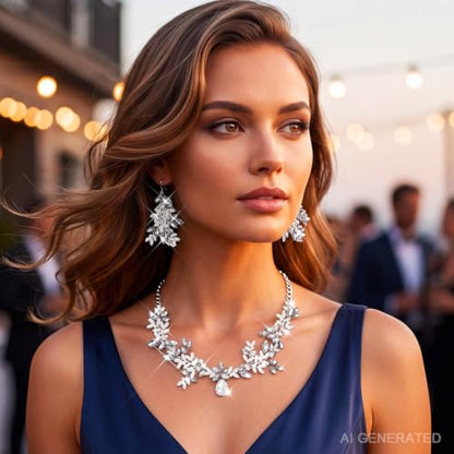 Green Rhinestone Indian Jewelry Set Gold Bridal Wedding Necklace and Earrings Sets Prom Costume Jewelry for Women and Brides - color: Silver