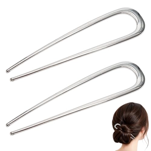 2 Pcs Silver French Hair Pins, Metal French Twist Hair Pins for Buns, Curls and Updos, 5.6 Inches U Shaped Chinese Hair Sticks, Hairstyle Accessories for Women Girls (2 Silver) - color: Silver