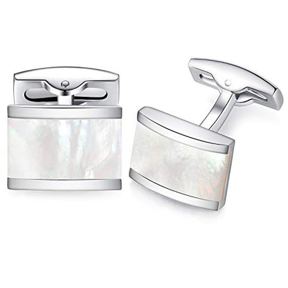 HONEY BEAR Rectangle Cufflinks for Men Wedding Business | Classic, Tarnish-Resistant, Steel-Plated Copper Base, Gift Box, for Groomsmen, Father, Husband, Anniversary, Formal Events - color: White Shell