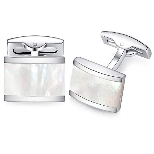 HONEY BEAR Rectangle Cufflinks for Men Wedding Business | Classic, Tarnish-Resistant, Steel-Plated Copper Base, Gift Box, for Groomsmen, Father, Husband, Anniversary, Formal Events - color: White Shell