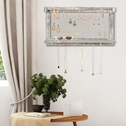 Rustic Wall Mounted Jewelry Organizer with Removable Bracelet Rod & Shelf - Multi-Functional Earring Holder, Necklace Organizer and Bracelet Stand with Hooks for Jewelry Storage and Display