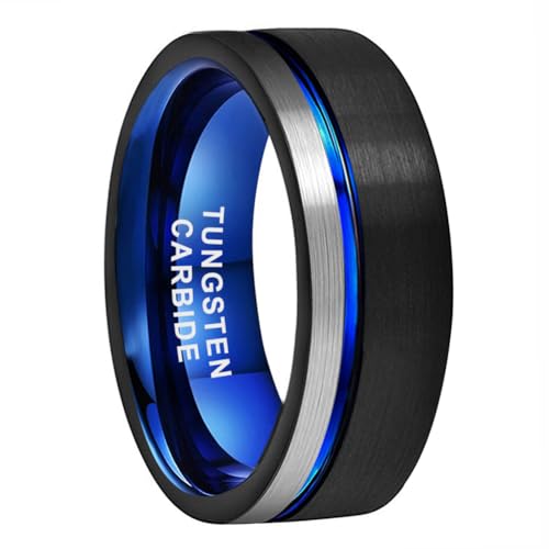 TUTISS 8mm Black/Blue/Gold/Rose Gold Tungsten Rings for Men Women Fashion Engagement Wedding Bands Brushed Finish Offset Line Comfort Fit - color: 8mm Black Blue Tungsten